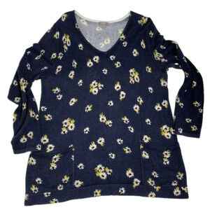 𝅺J.Jill Navy Blue with White Daisy Tunic  Sweater L